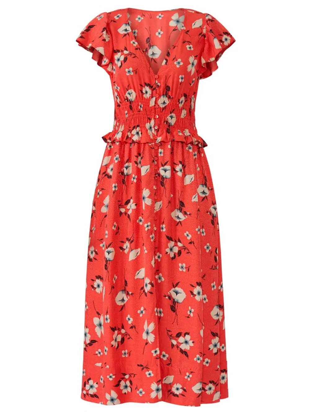 Rebecca Taylor • Daniella Silk Blend Floral Jacquard Red Ruffle Midi Dress • L